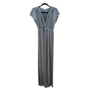 Baltic Born Silver Ribbed Maxi Dress Size Medium Pleated Satin Elastic Band